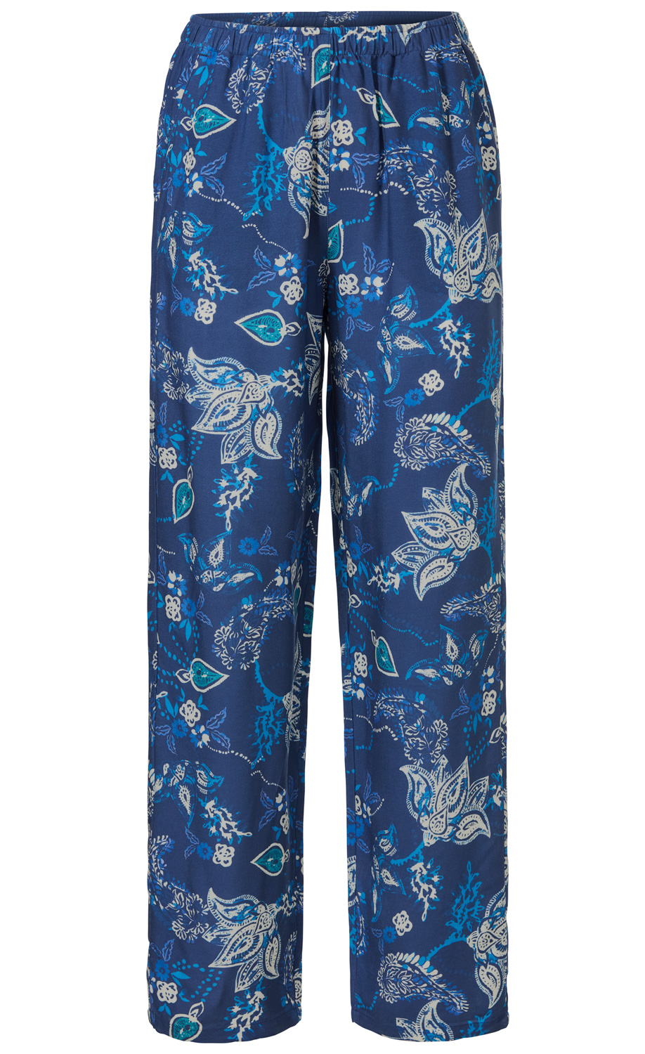 blaue Viskose-Hose mit elastischem Bund, weiter Beinverlauf, florales Paisley-Muster in Weiß und Blau