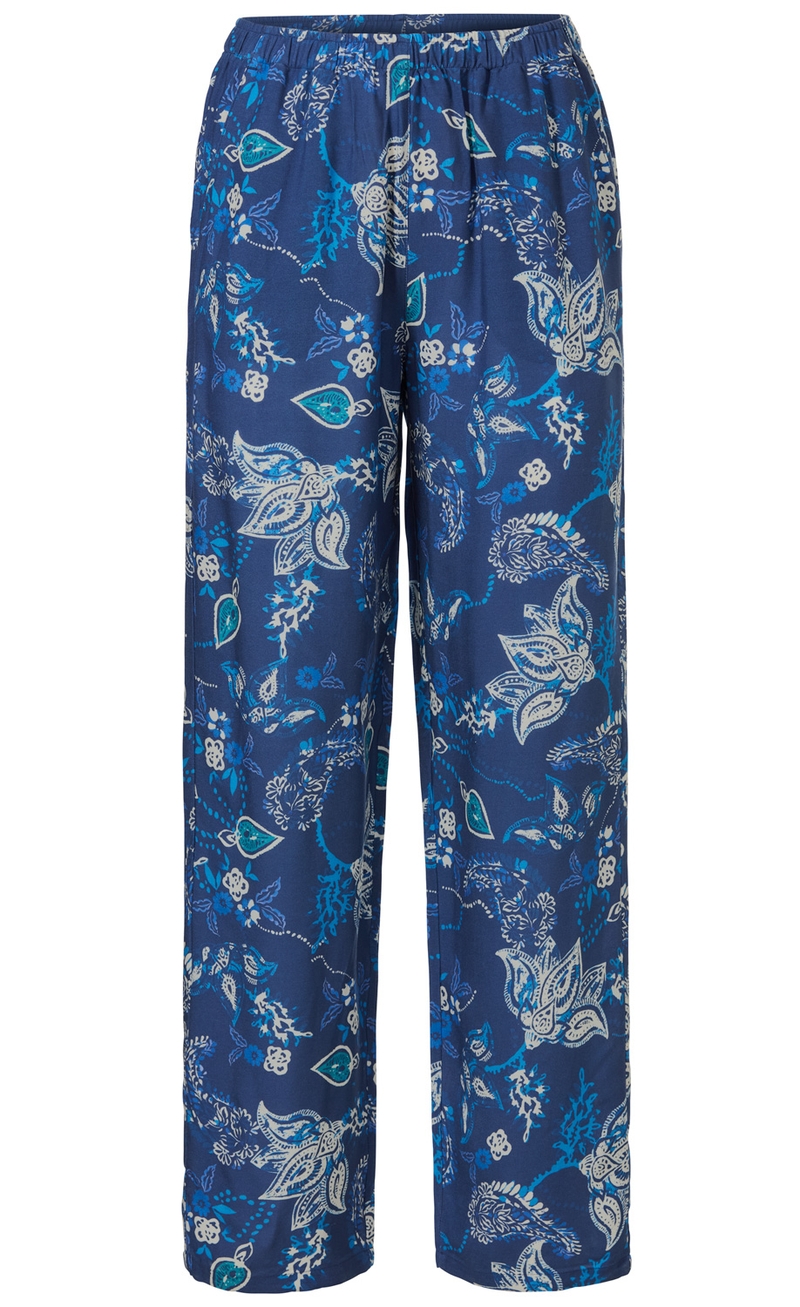 blaue Viskose-Hose mit elastischem Bund, weiter Beinverlauf, florales Paisley-Muster in Weiß und Blau