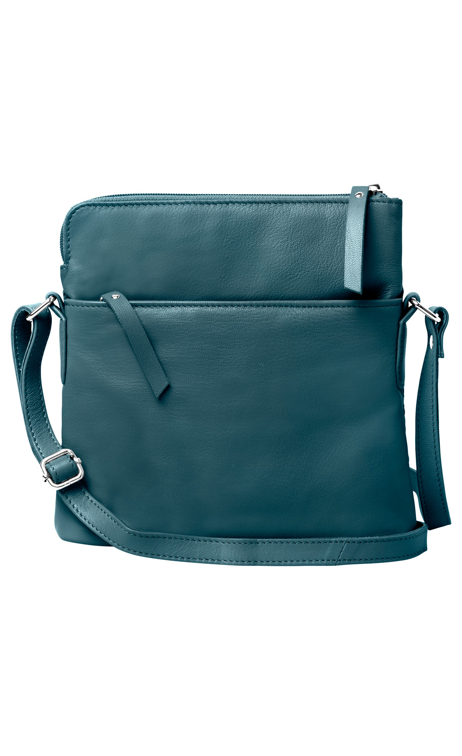 blaue Ledertasche mit Reißverschluss, verstellbarem Schulterriemen und Vorderfach, rechteckige Form, glatte Oberfläche, silberne Metallschnallen, schlichtes Design