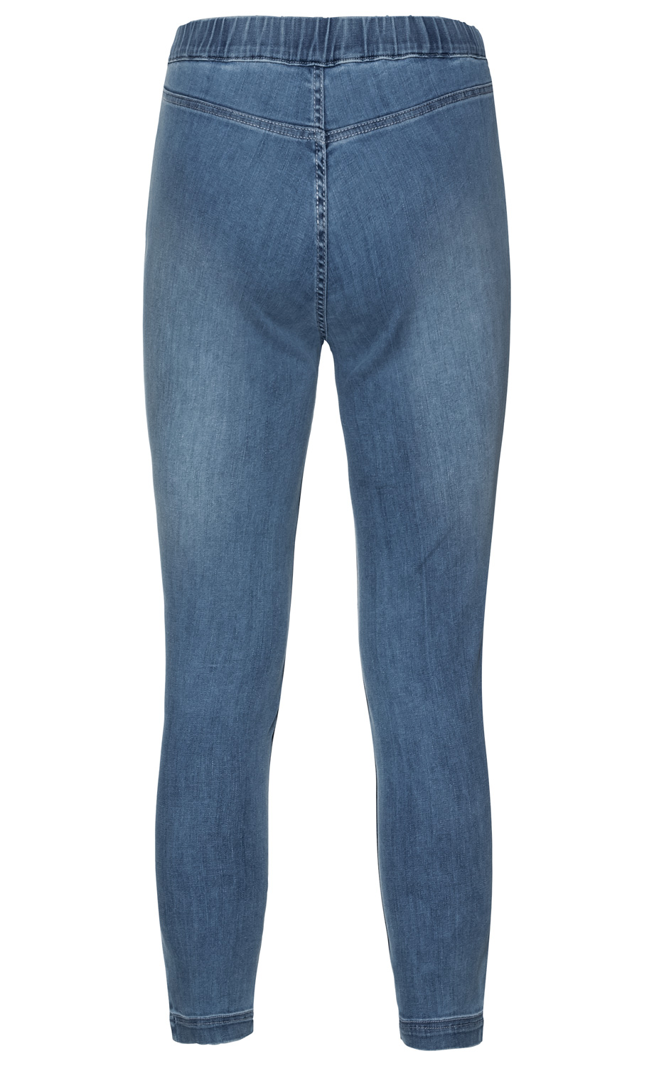 Baumwoll-Hose in Jeansblau, enge Passform, elastischer Bund, dezente Nahtdetails hinten, schmal zulaufende Beine, leichte Waschung, lässiger Freizeit-Look