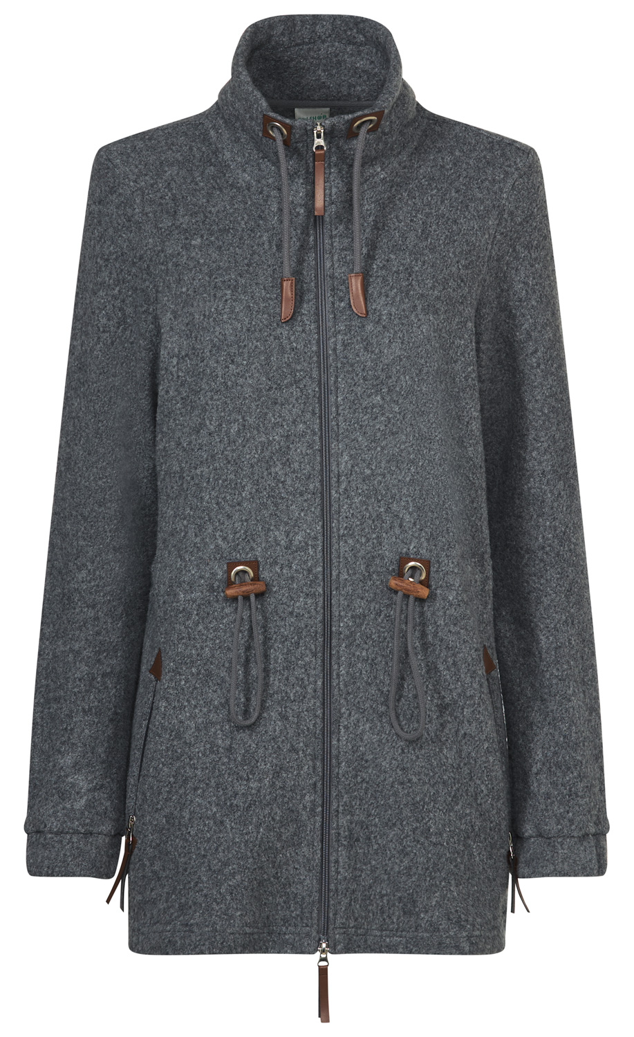 graue Baumwoll-Jacke mit Stehkragen, durchgehendem Reißverschluss, zwei Eingrifftaschen und Zugkordeln mit Lederdetails am Kragen und Taille, lange Ärmel mit Reißverschluss am Ärmelabschluss
