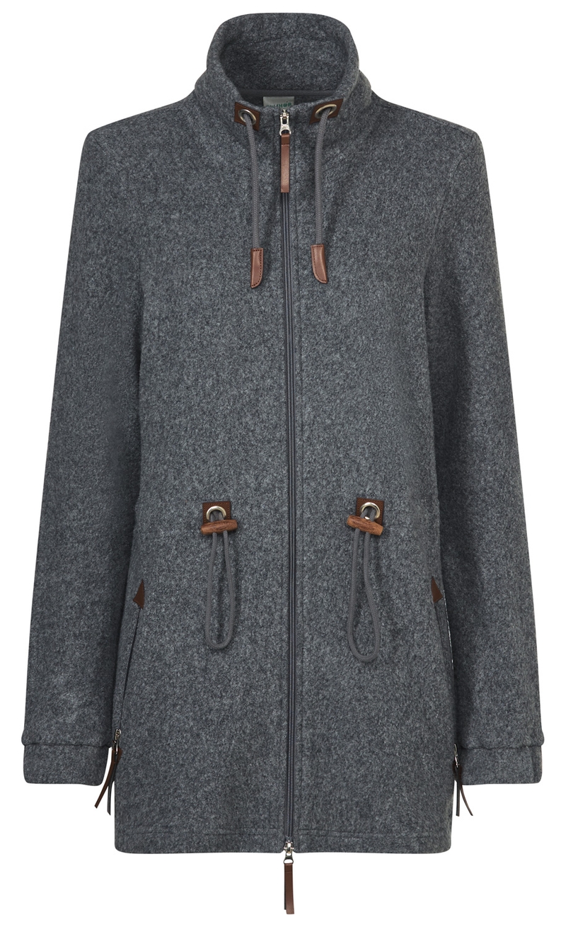 graue Baumwoll-Jacke mit Stehkragen, durchgehendem Reißverschluss, zwei Eingrifftaschen und Zugkordeln mit Lederdetails am Kragen und Taille, lange Ärmel mit Reißverschluss am Ärmelabschluss