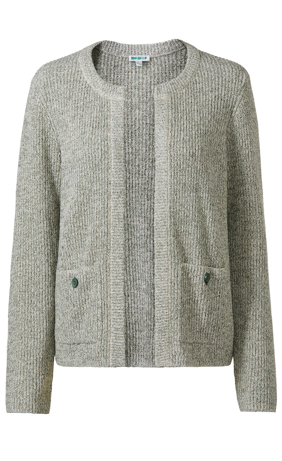 gemusterte graue Baumwoll-Strickjacke mit rundem Ausschnitt, langem Arm, offenen Vorderseiten und zwei aufgesetzten Taschen mit Knöpfen, legerer Schnitt