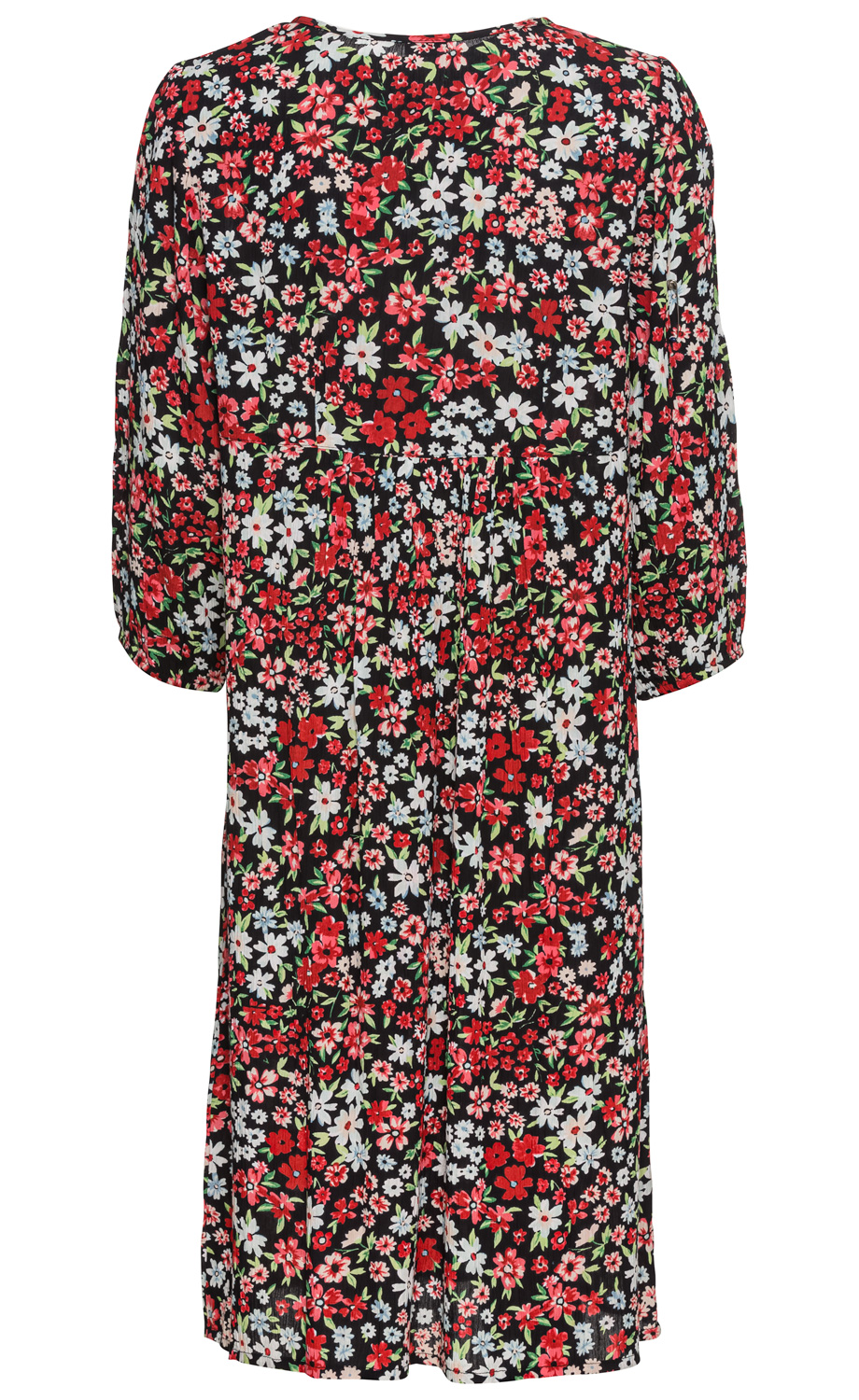 Rückansicht eines Viskose-Kleids mit schwarzem Hintergrund und buntem, dichtem Blumenmuster in Rot, Weiß und Blau, halblangen Ärmeln und taillierter Raffung.