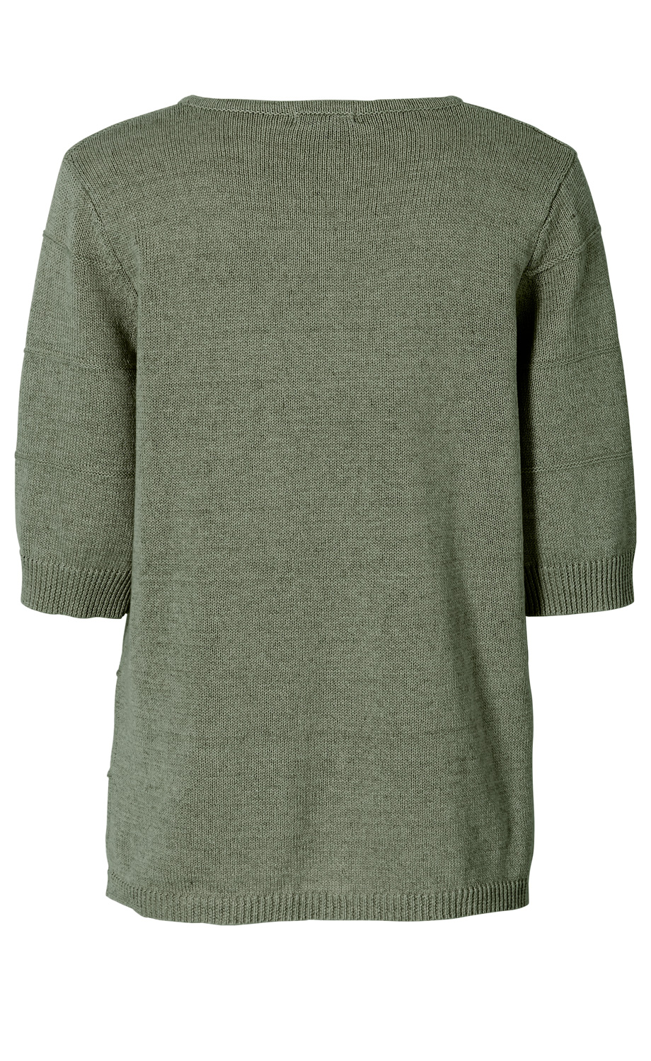 Leinen-Mix-Pullover in khaki, grob gestrickt, Kurzarm, Rundhalsausschnitt, lockere Passform, gerippte Bündchen an Saum und Ärmeln, Rückansicht