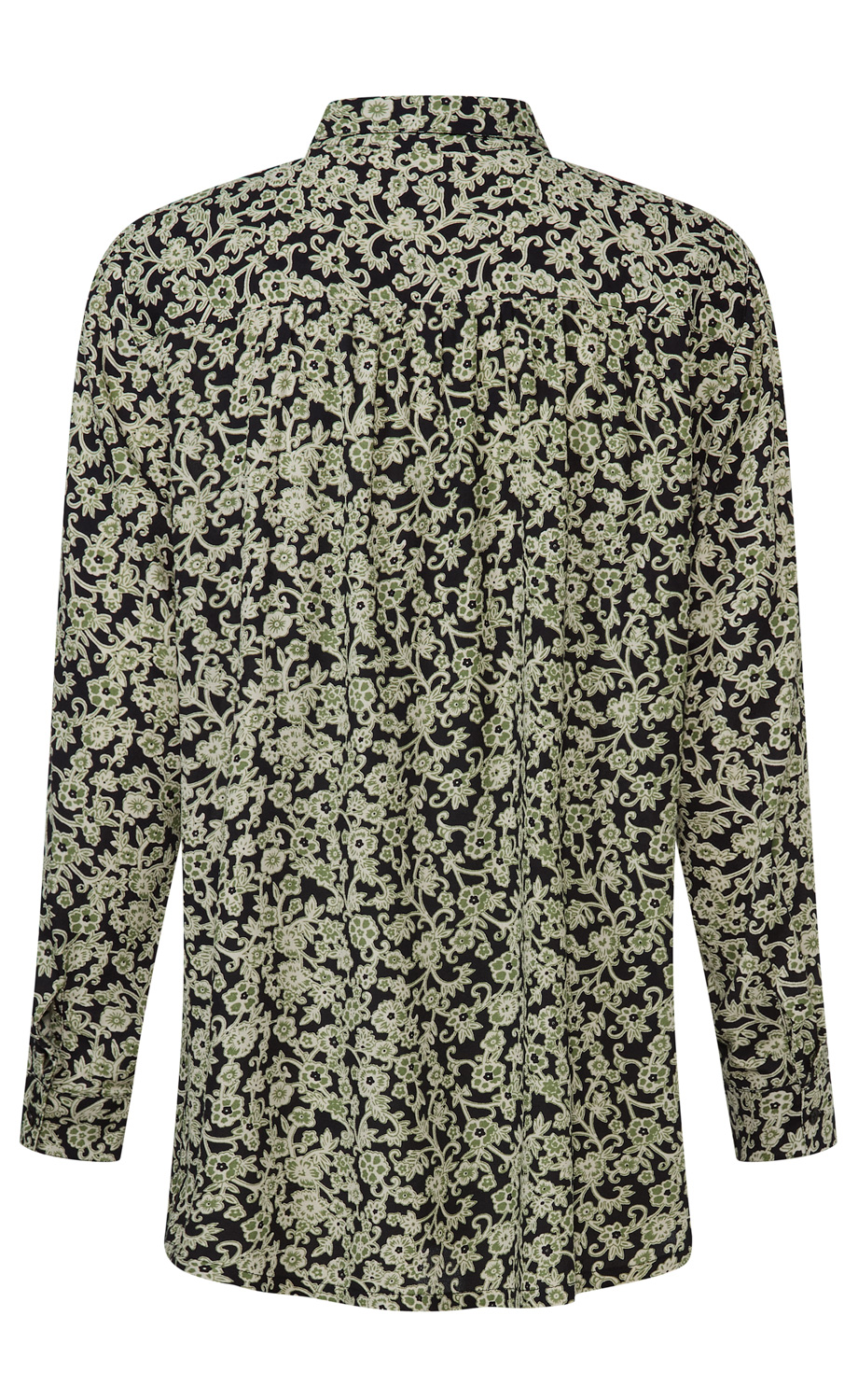 Schwarze Bluse mit langem Arm, durchgehend mit beigem und grünem floralen Muster bedruckt, Rückenansicht, umgelegter Kragen, leichte Falten am Rücken, Manschetten mit Knöpfen