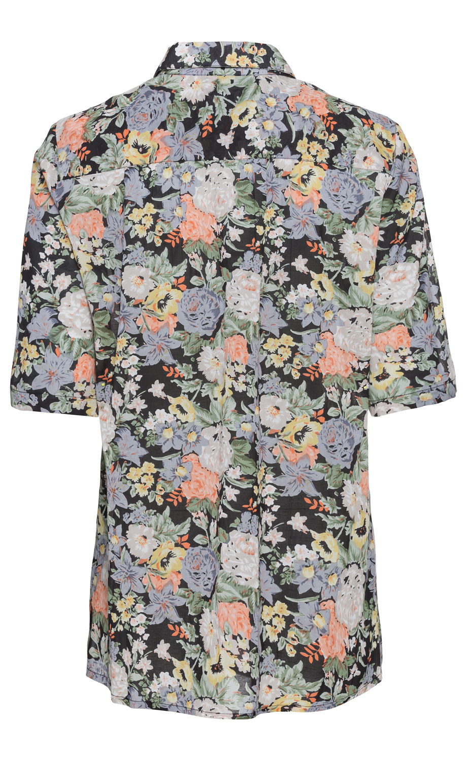 Rückansicht einer kurzärmligen Viskose-Mix-Bluse mit floralen Mustern in Pastellfarben auf schwarzem Hintergrund, locker geschnitten, mit Hemdblusenkragen.