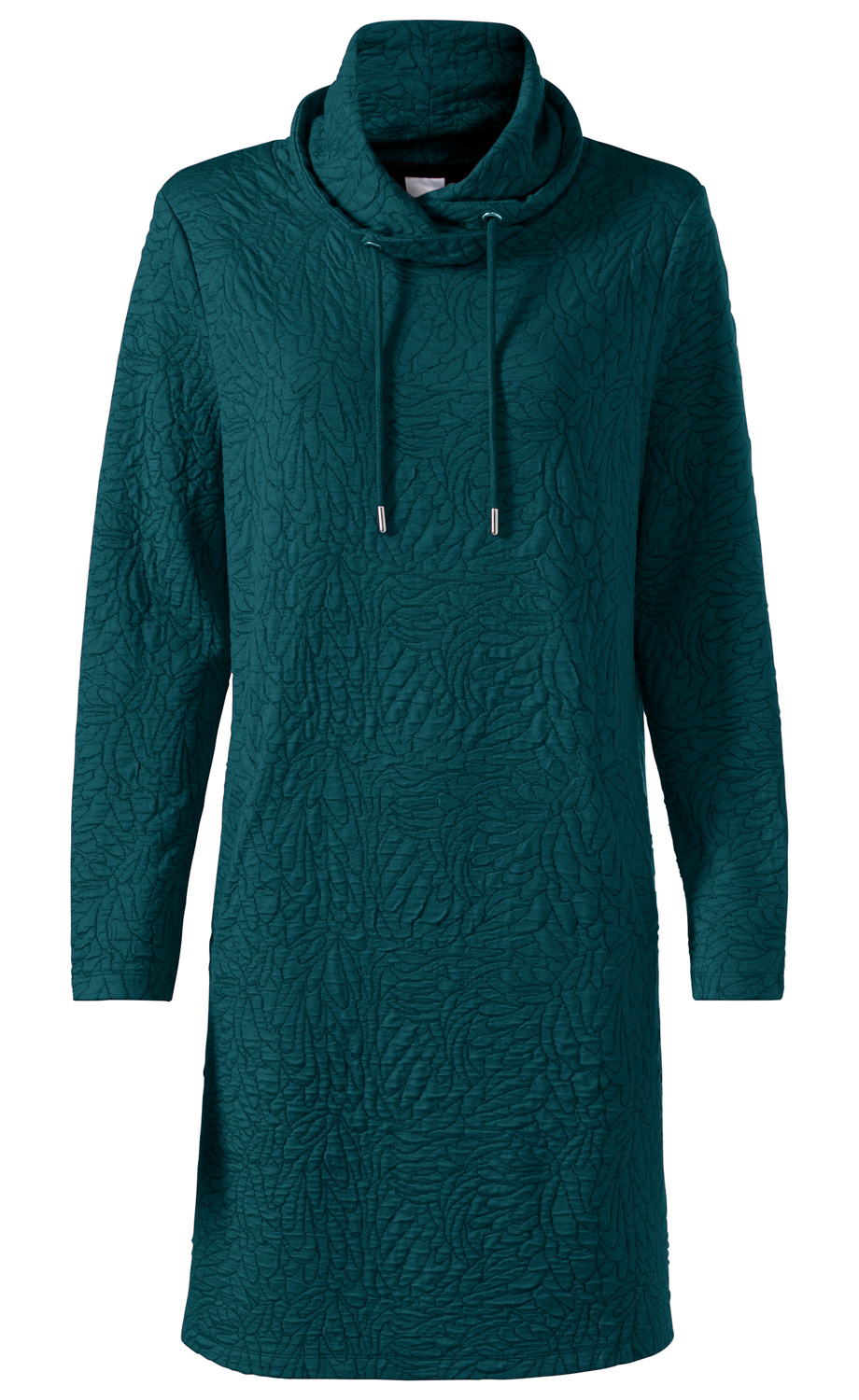 langärmliges Viskose-Mix-Kleid in dunklem Petrol, mit strukturiertem floralen Muster, weiter Rollkragen mit Kordelzug, gerade geschnitten, knielang