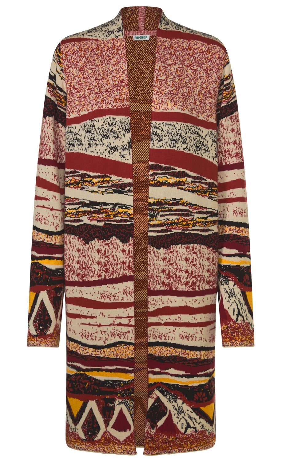 Baumwoll-Strickjacke in Beige, Rot, Schwarz und Gelb mit abstraktem Muster, lange Ärmel, offene Vorderseite, mittellanger Schnitt, feine Strickstruktur