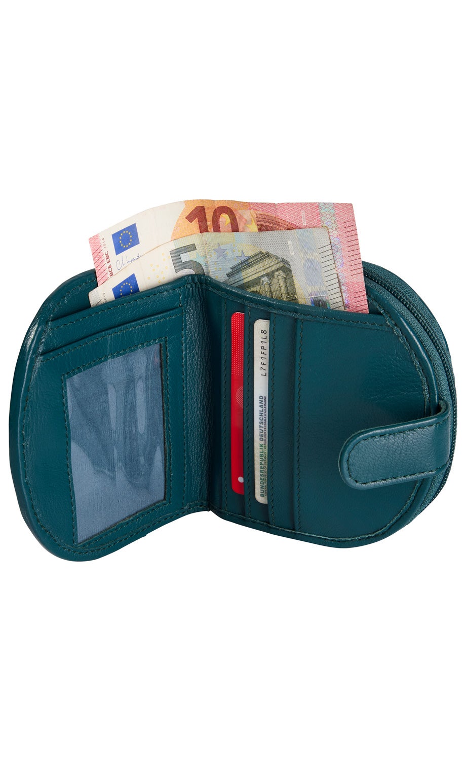 Offene blaue Ledergeldbörse mit sichtbaren 5- und 10-Euro-Scheinen sowie mehreren Kartenfächern, eine Karte teilweise sichtbar mit deutscher Aufschrift, auf weißem Hintergrund.