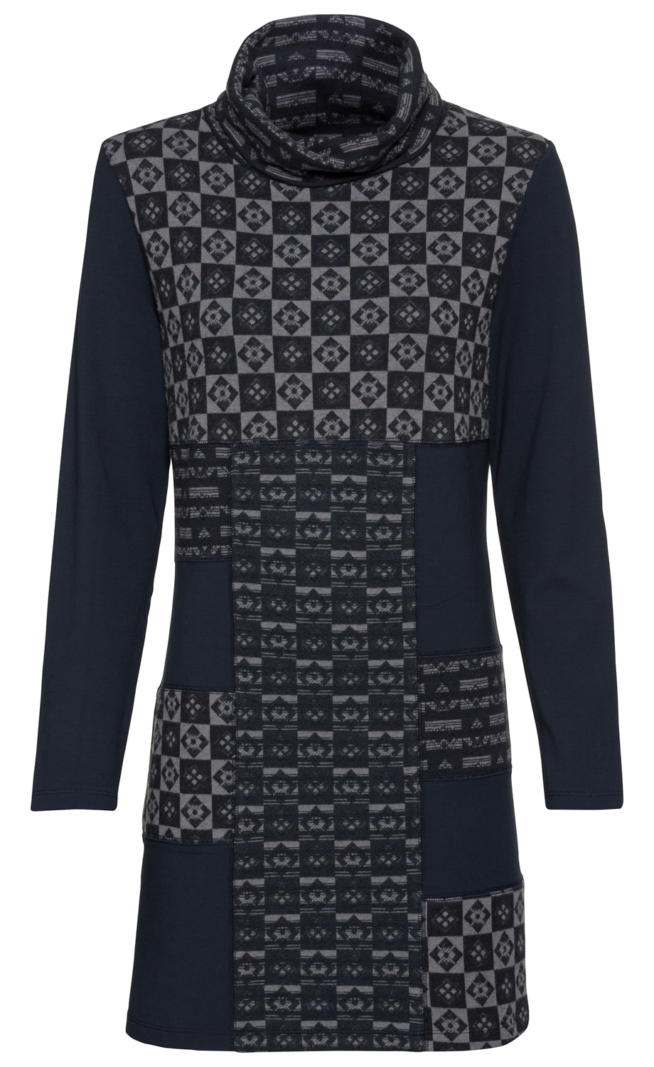 Dunkelblaues Viskose-Mix-Shirt mit langem Arm und Rollkragen, vorne mit einem grauen und schwarzen geometrischen Patchwork-Muster aus Quadraten und floralen Elementen.