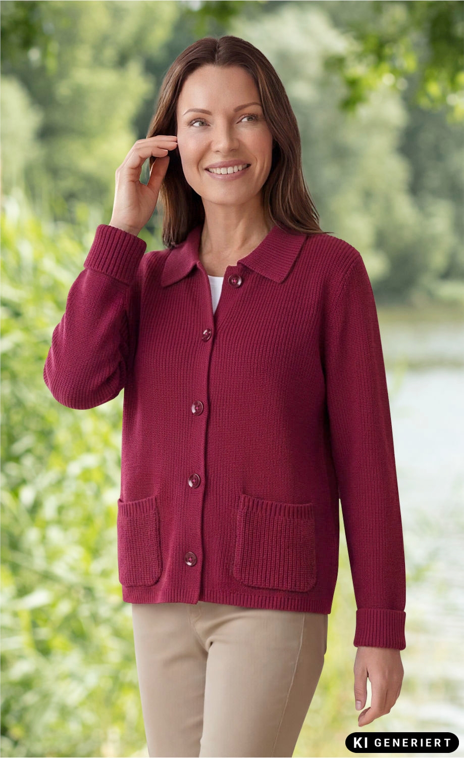 Frau trägt weinrote Baumwoll-Strickjacke mit Knöpfen und zwei Taschen, steht im Freien vor grünem, natürlichem Hintergrund, lächelt und berührt ihr Haar, beige Hose sichtbar, herbstliche Szenerie