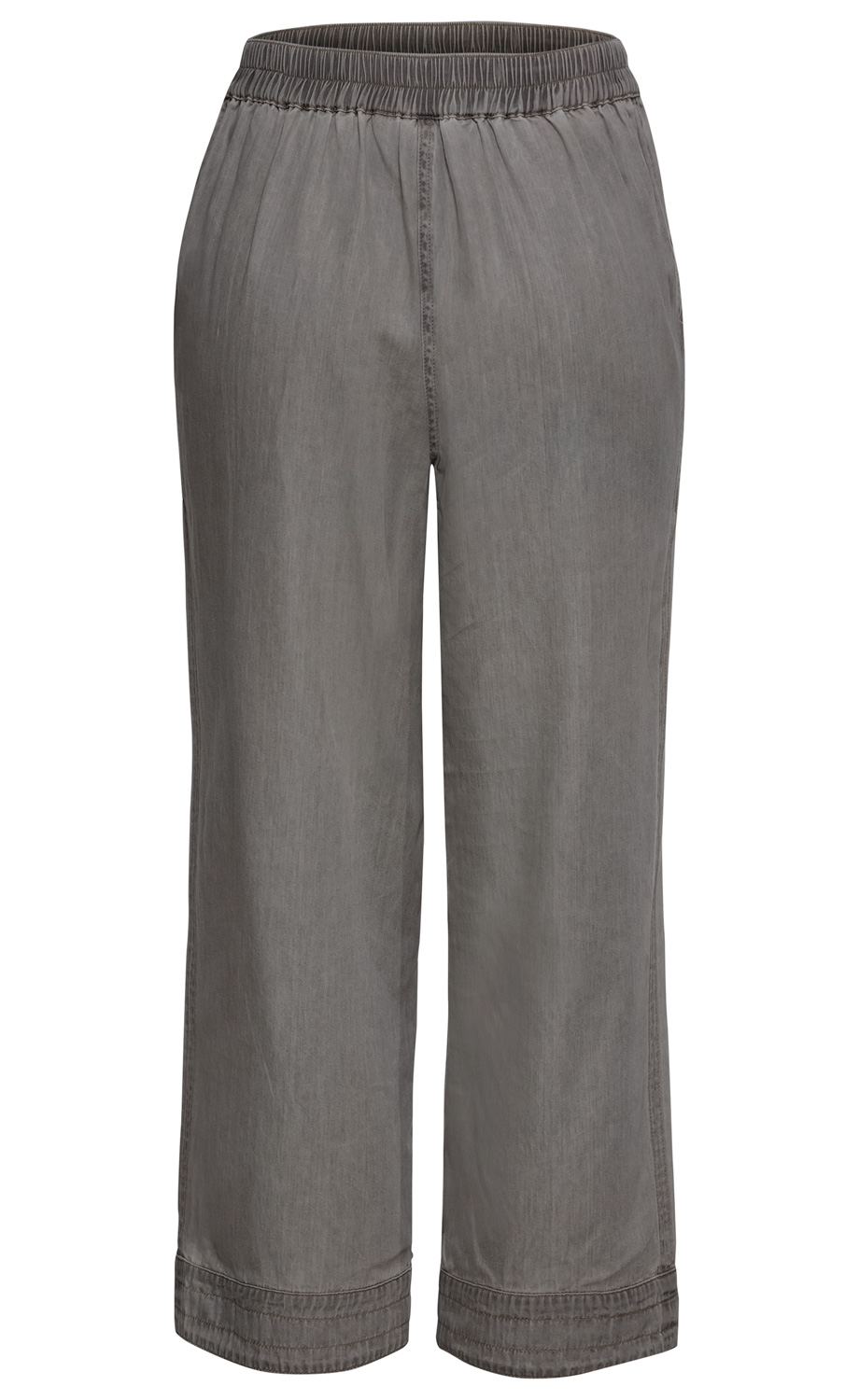 graue Baumwoll-Hose mit elastischem Bund, geradem Schnitt und abgestepptem Saum, ohne Taschen, knöchellang