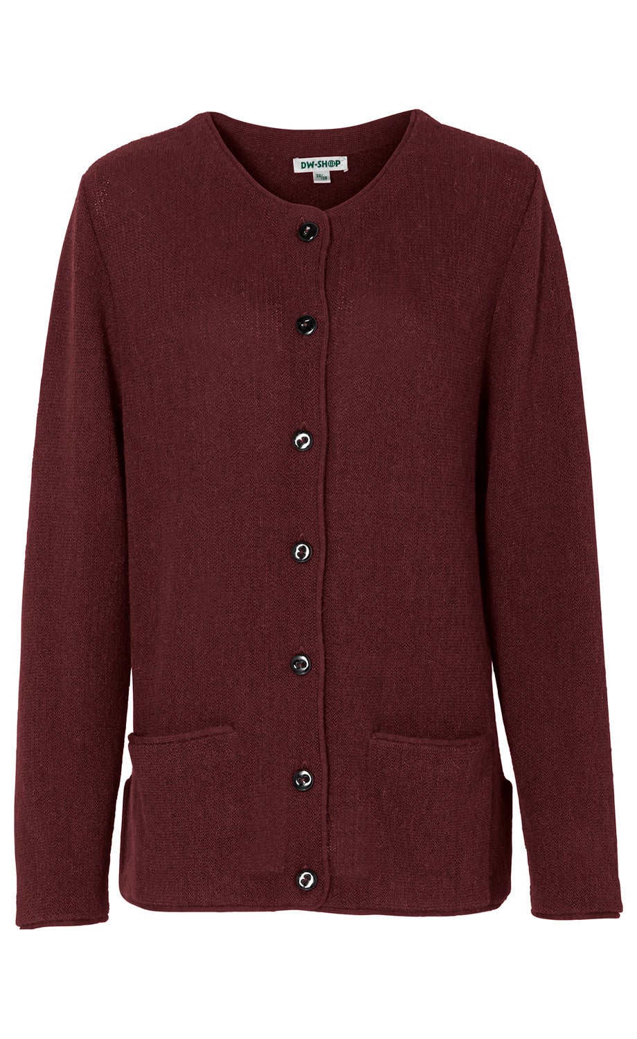Dunkelrote Alpaka-Jacke mit Rundhalsausschnitt, langen Ärmeln, durchgehender Knopfleiste und zwei aufgesetzten Taschen vorne, schlichtes Design, aus feiner Strickware
