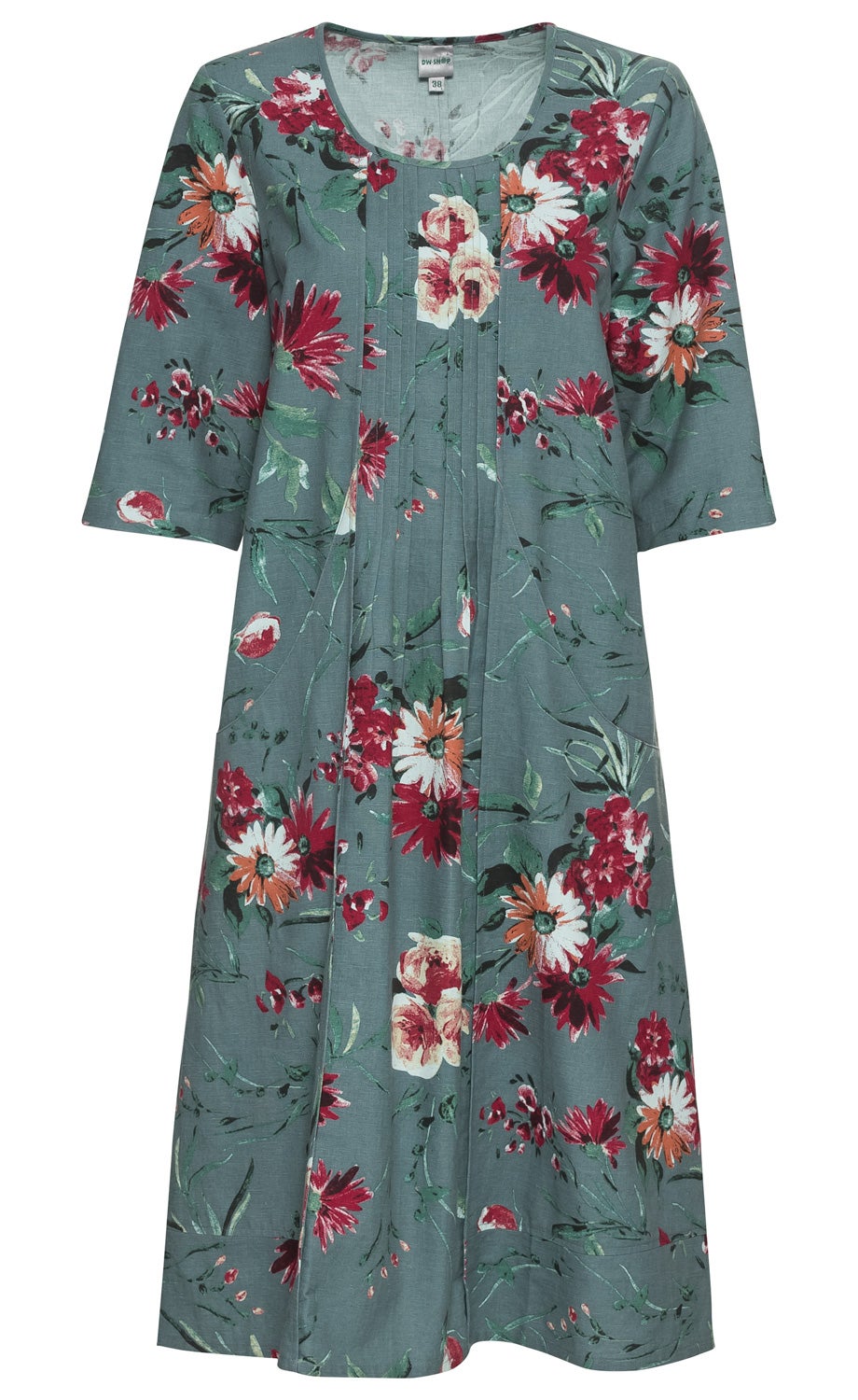 Blaugrünes Baumwollkleid mit floralen Mustern in Rot, Weiß und Orange, halblange Ärmel und rundem Ausschnitt, lockere Passform mit vertikalen Falten am Oberteil.