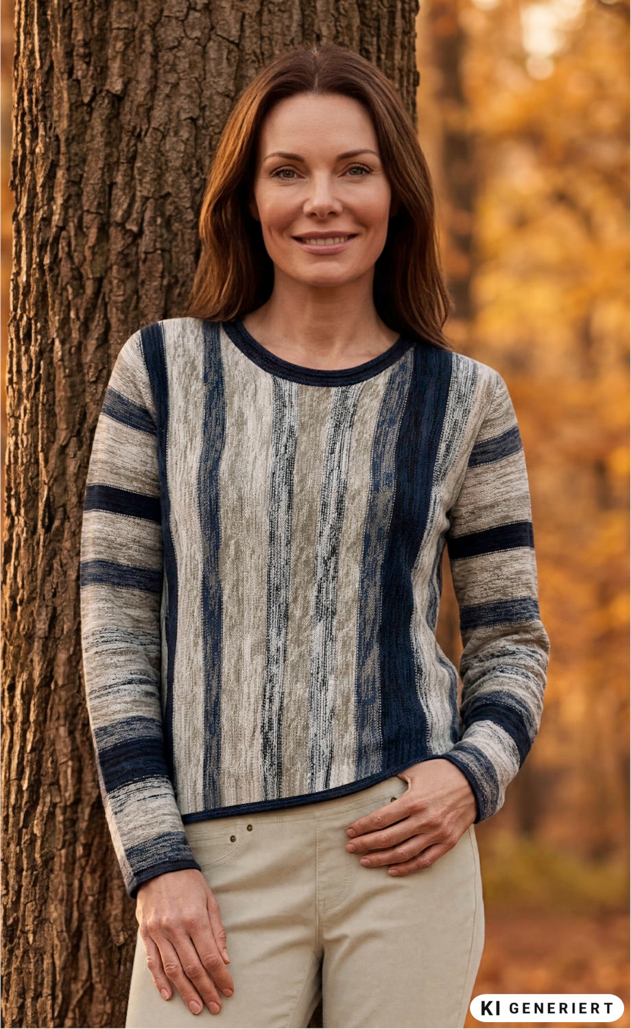 Frau lehnt an Baum, trägt gestreiften Baumwoll-Pullover in Blau- und Beigetönen, lange Ärmel, beige Hose, Herbstwald im Hintergrund, warmes Licht, lächelt leicht