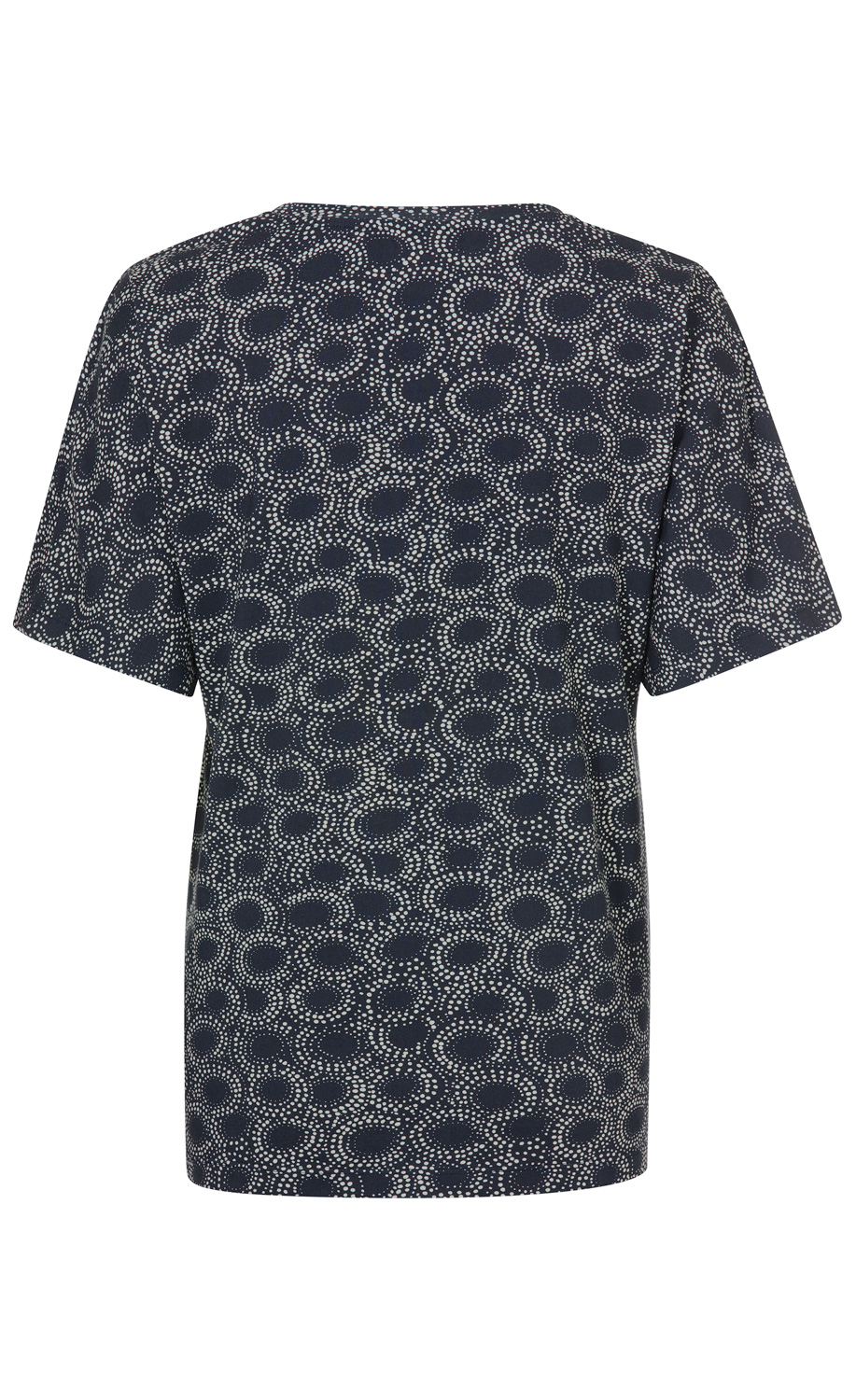 Baumwoll-Shirt in Dunkelblau mit kurzen Ärmeln, Rückseite gezeigt, mit weißem Punkten in konzentrischen Kreisen bedruckt, klassischer Rundhalsausschnitt, legere Passform, modernes Muster