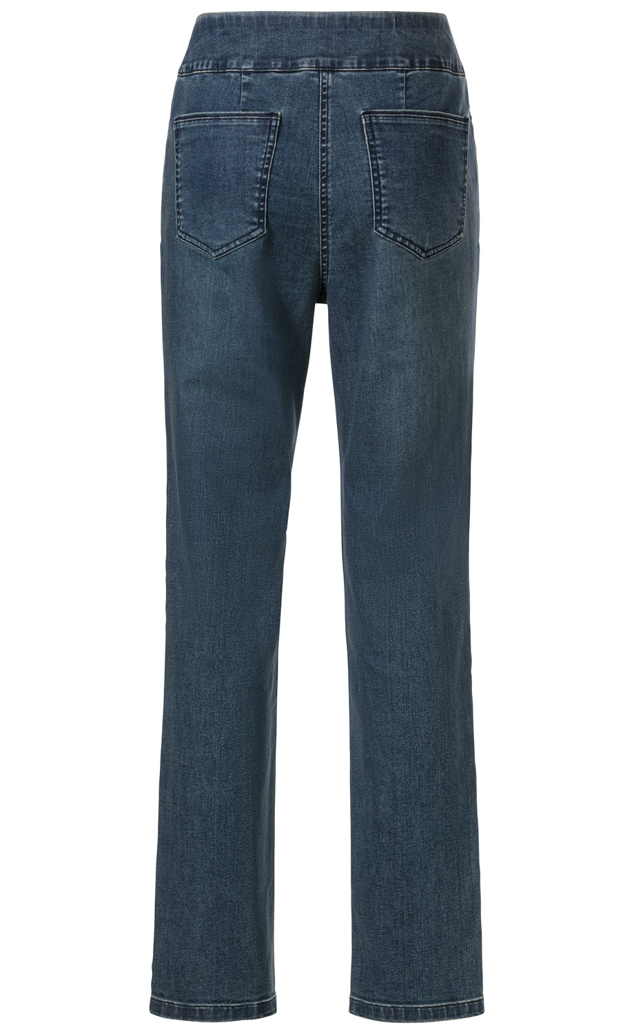 Baumwoll-Mix-Hose in Denim-Optik, hinten mit zwei aufgesetzten Taschen, geradem Beinverlauf, mittlerer Bundhöhe, dunkelblaue Waschung, Jeans-Stil, sichtbare Steppnähte
