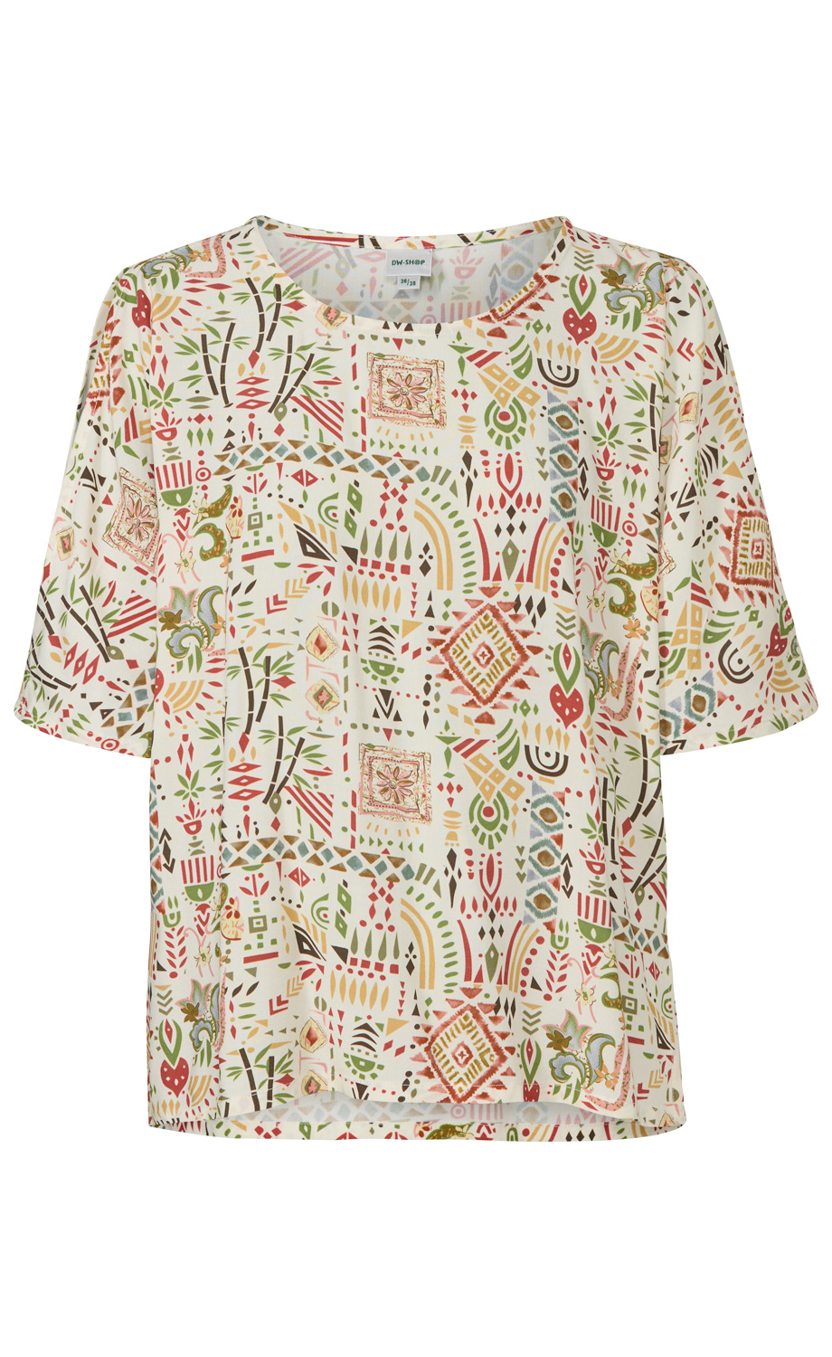 Viskose-Bluse mit kurzen Ärmeln, rundem Ausschnitt, weißem Grund und buntem, geometrisch-abstraktem Muster in Rot, Grün, Braun und Beige