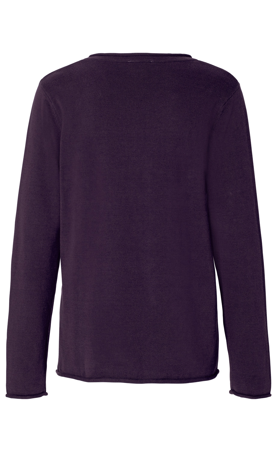 Baumwoll-Pullover in Dunkellila, Rückansicht, lange Ärmel, gerader Schnitt, feiner Strick, rundhalsausschnitt, schlichter Stil, leicht gerollte Saumkanten, unifarben, rel. dünne Stoffstruktur