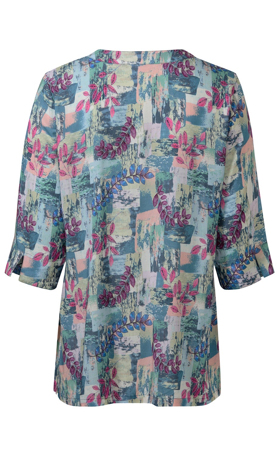 Rückansicht einer Modal-Tunika mit 3/4-Ärmeln, abstraktem Farbblockmuster in Pastellfarben, verziert mit pinken und blauen Blättermotiven, lockere Passform, runder Halsausschnitt