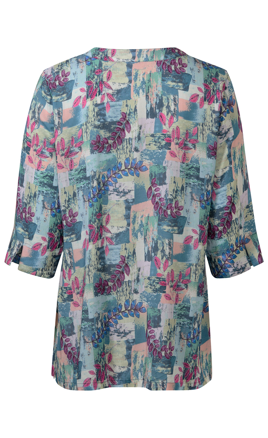 Rückansicht einer Modal-Tunika mit 3/4-Ärmeln, abstraktem Farbblockmuster in Pastellfarben, verziert mit pinken und blauen Blättermotiven, lockere Passform, runder Halsausschnitt