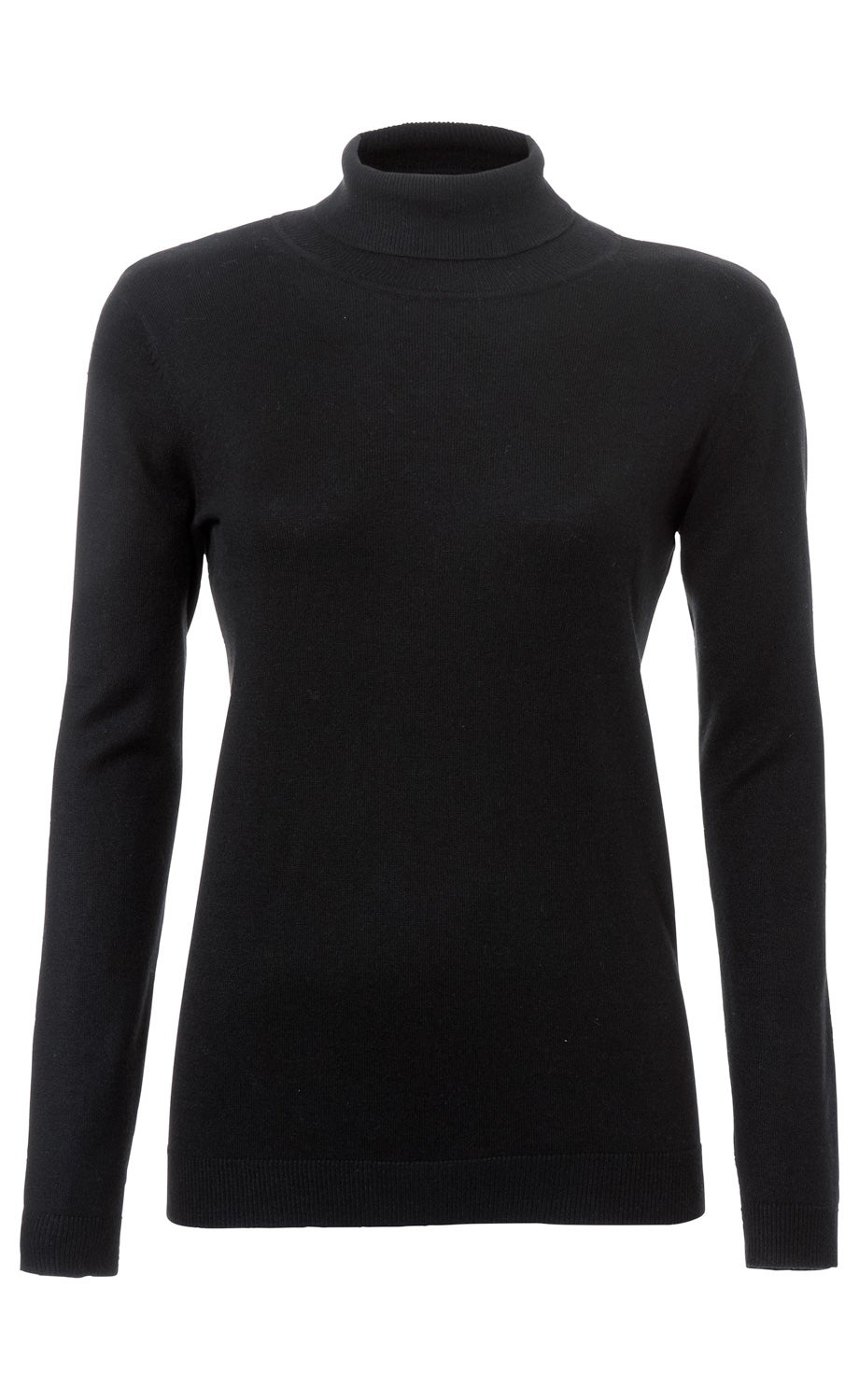Schwarzer Baumwoll-Pullover mit langem Arm und engem Rollkragen, gerader Schnitt, fein gestrickt, schlichte Optik, elastische Bündchen an Ärmeln und Saum.