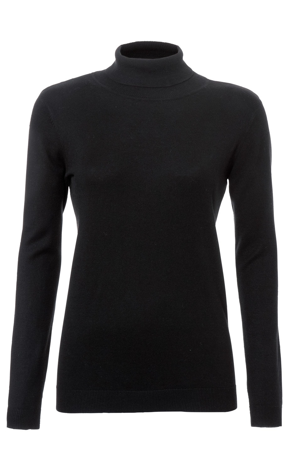 Schwarzer Baumwoll-Pullover mit langem Arm und engem Rollkragen, gerader Schnitt, fein gestrickt, schlichte Optik, elastische Bündchen an Ärmeln und Saum.