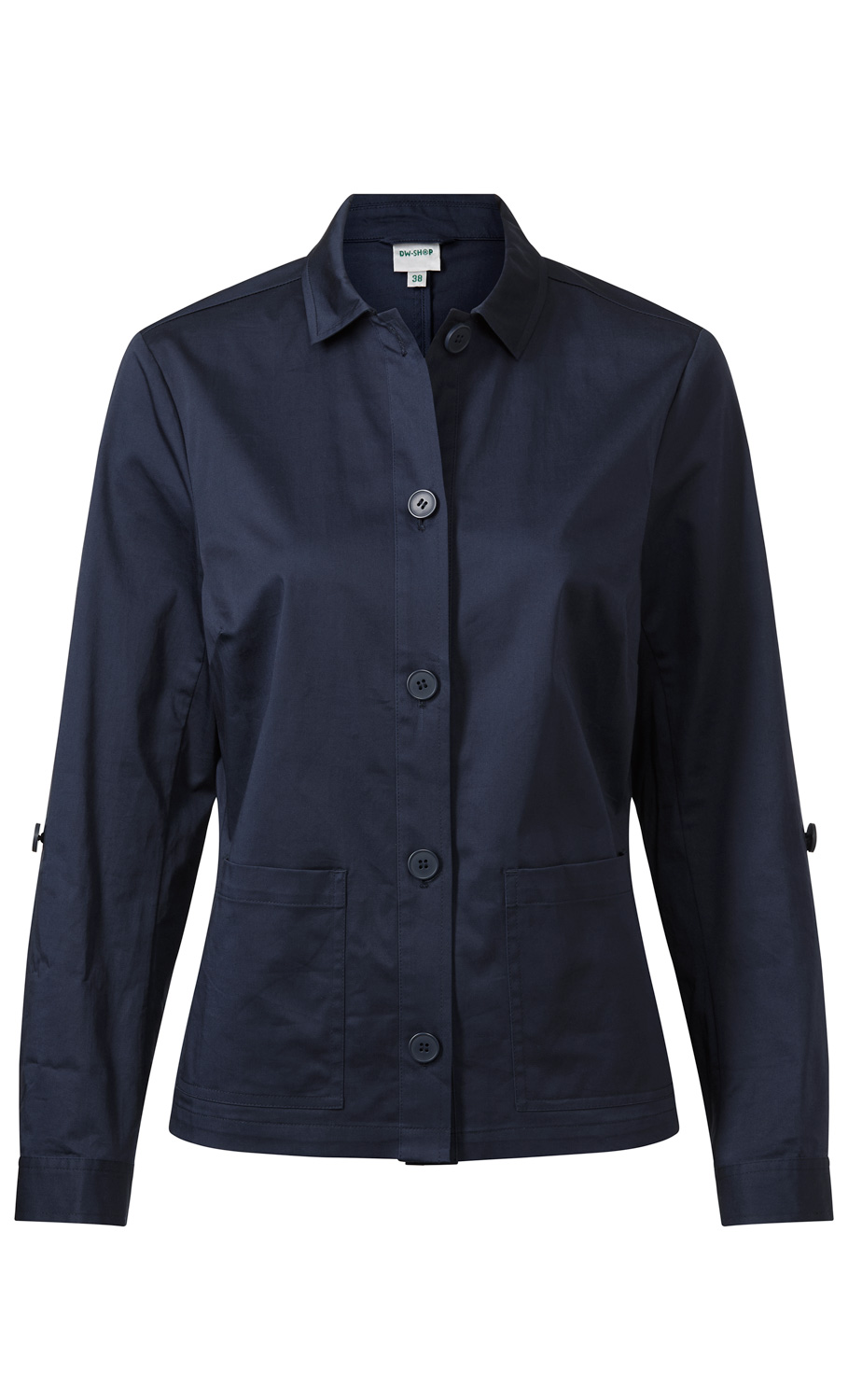 dunkelblaue Baumwoll-Mix-Jacke mit Hemdkragen, durchgehender Knopfleiste, langen Ärmeln mit Knopfmanschetten, zwei aufgesetzten Taschen vorne und geradem Saum