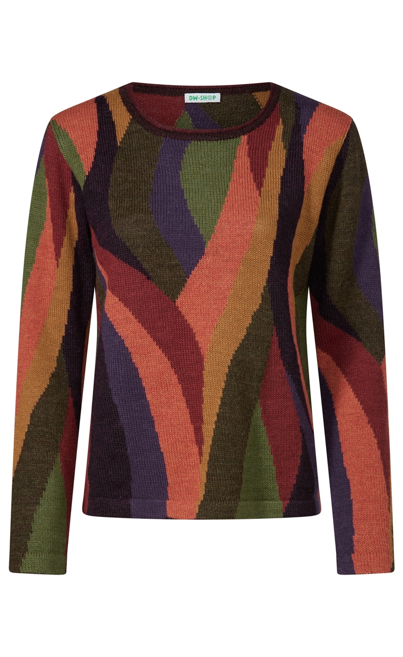 Langärmliges Damenpullover mit buntem, wellenförmigem Muster in Orange, Grün, Dunkelbraun, Violett und Dunkelrot, Rundhalsausschnitt, grob gestrickte Textur, Etikett mit Schriftzug DW-SHOP am Kragen