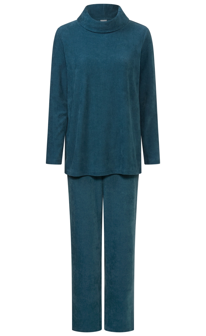 blauer weicher Cord-Anzug bestehend aus langärmligem Rollkragenpullover und geraden Hosen, locker geschnitten, einfarbig, komfortabler Freizeit- oder Loungewear-Look