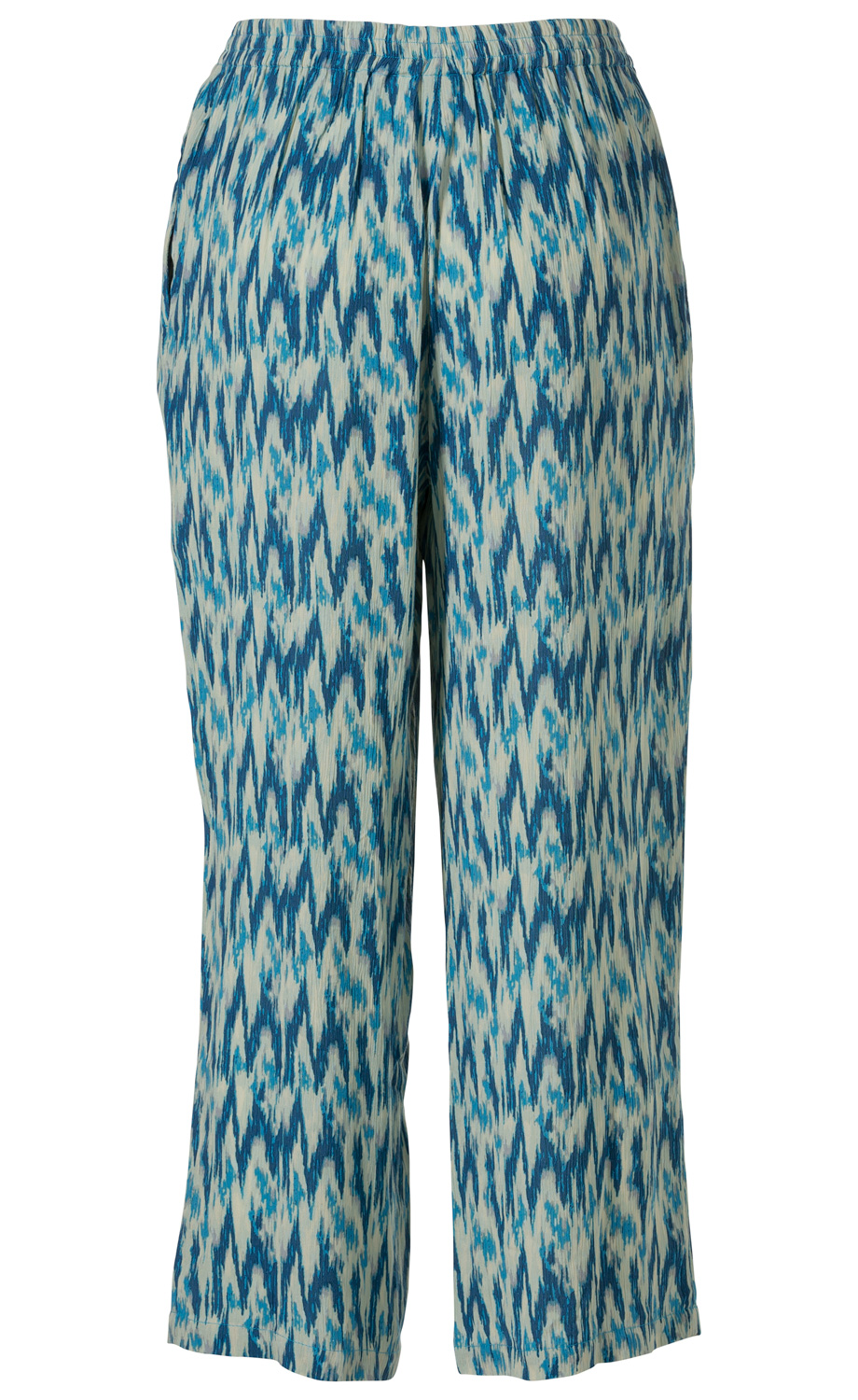 Viskose-Hose mit elastischem Bund und seitlichen Taschen, locker geschnitten, blau-weißer abstrakter Musterprint, leicht glänzender Stoff, gerade geschnittene Beinlänge bis zum Knöchel