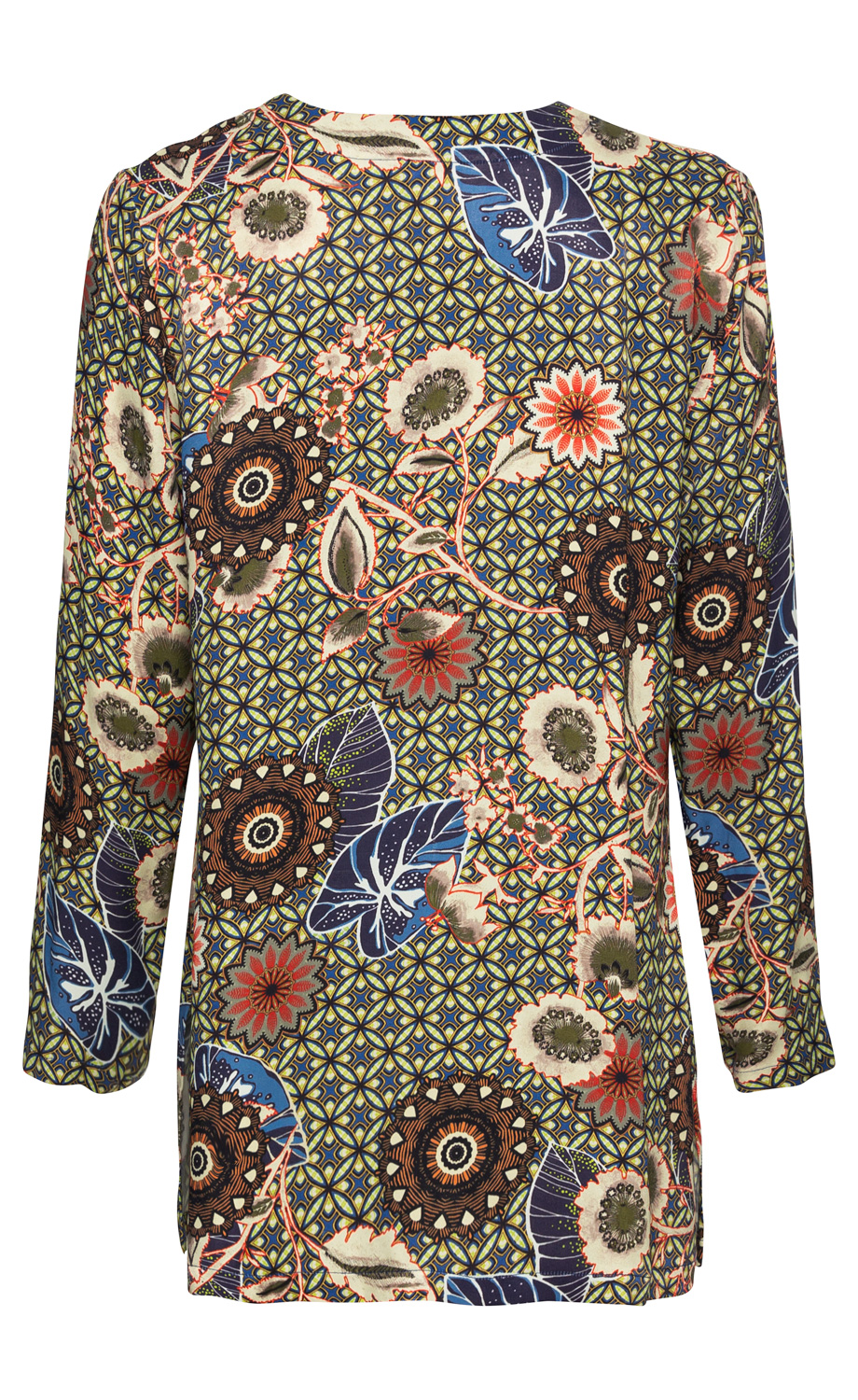 Viskose-Bluse mit langem Arm, hinten, knielang, gemustert mit floralen Motiven und geometrischem Design in Blau, Grün, Braun, Weiß und Orange