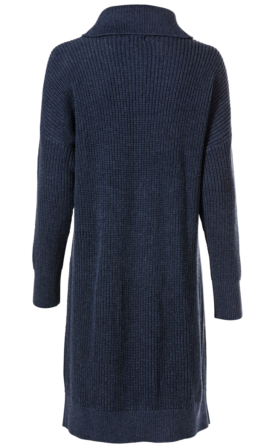 Baumwoll-Mix-Kleid in Dunkelblau, lange Ärmel, gerippte Strickstruktur, Stehkragen, mittellange Länge, Rückenansicht, schmaler Saumabschluss, gemütlich und casual