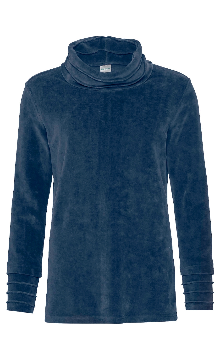 dunkelblaues Baumwoll-Shirt mit langem Arm und weitem, locker fallendem Rollkragen, leicht strukturierte Oberfläche, Bündchen mit dekorativen, horizontalen Raffungselementen, schlichtes Design, Vorderansicht, ohne Muster