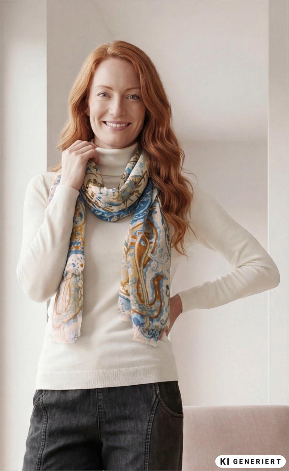 Frau mit roten Haaren trägt BW-Mix Schal 180x70cm mit blau-beigen Paisley-Mustern, dazu weißer Rollkragenpullover und dunkle Jeans, steht vor hellem Hintergrund, lächelt und hält Schal mit linker Hand am Hals fest.