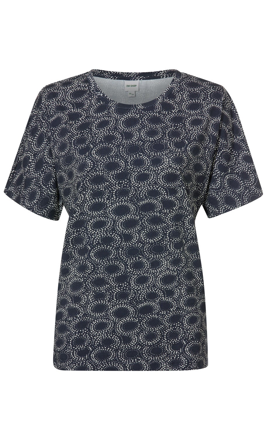 Dunkelblaues Baumwoll-Shirt mit kurzen Ärmeln und Rundhalsausschnitt, Muster aus hellen, ovalen Punkten in konzentrischen Kreisen, gerade geschnitten, schlicht und modern