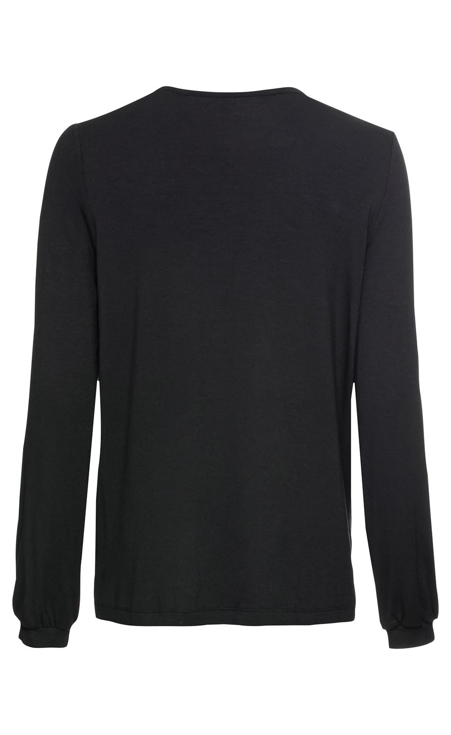Schwarzes Viskose-Shirt mit langen Ärmeln und Rundhalsausschnitt, Rückansicht, elastische Bündchen an den Ärmelenden, schlichtes Design, glatter Stoff