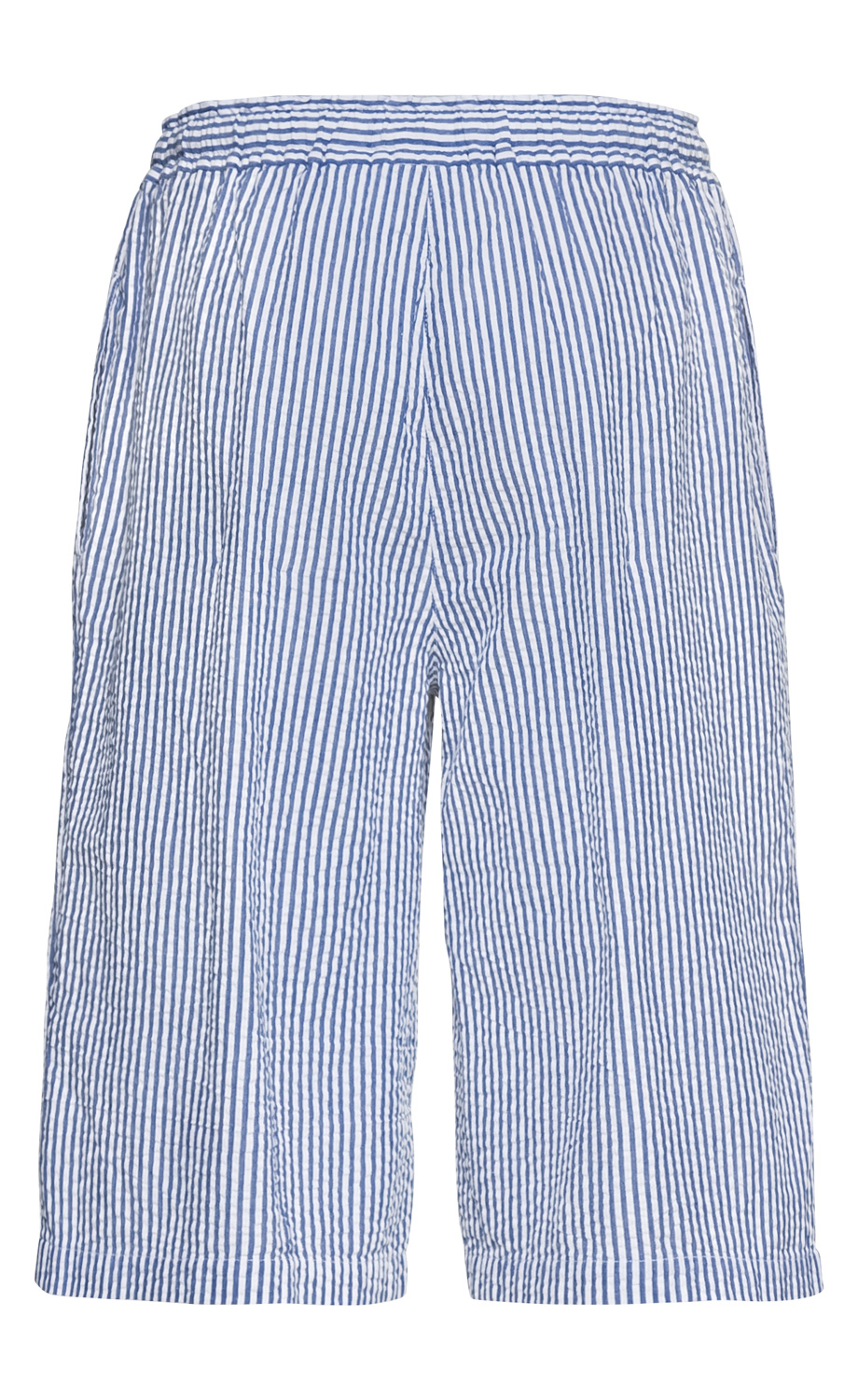 Baumwoll-Hose mit blau-weiß gestreiftem Muster, elastischem Bund, knieumspielender Länge, legerem Schnitt und leichter Faltenstruktur