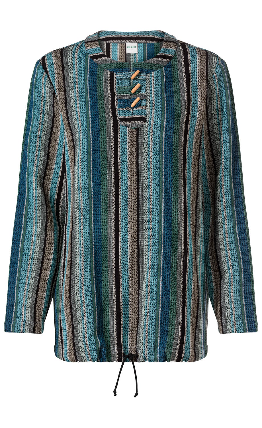 Baumwoll-Bluse mit langen Ärmeln, gesteppter Struktur und vertikal verlaufenden Streifen in Blau-, Braun- und Schwarztönen, mit V-Ausschnitt, drei Holzknöpfen und Kordelzug am Saum.
