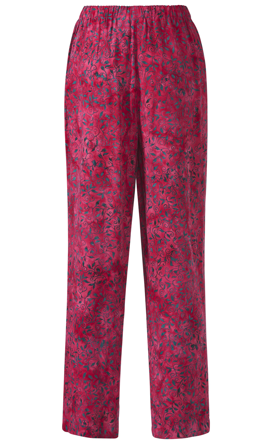 rote Viskose-Hose mit elastischem Bund, gerade geschnitten, allover florales Muster in Schwarz und Blau