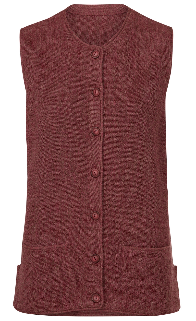 rote Alpaka-Strickweste mit Rundhalsausschnitt, durchgehender Knopfleiste, zwei Taschen vorne, ärmellos, feine Struktur, schlichtes Design
