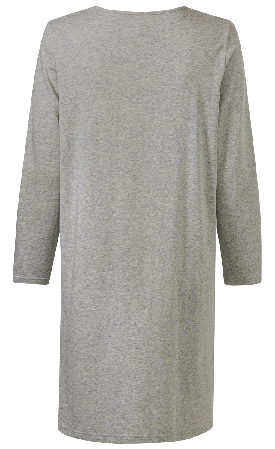 Rückansicht eines grauen Baumwoll-Nachthemds mit langen Ärmeln und rundem Halsausschnitt, schlichtes Design, knielang, angenehmer Jersey-Stoff