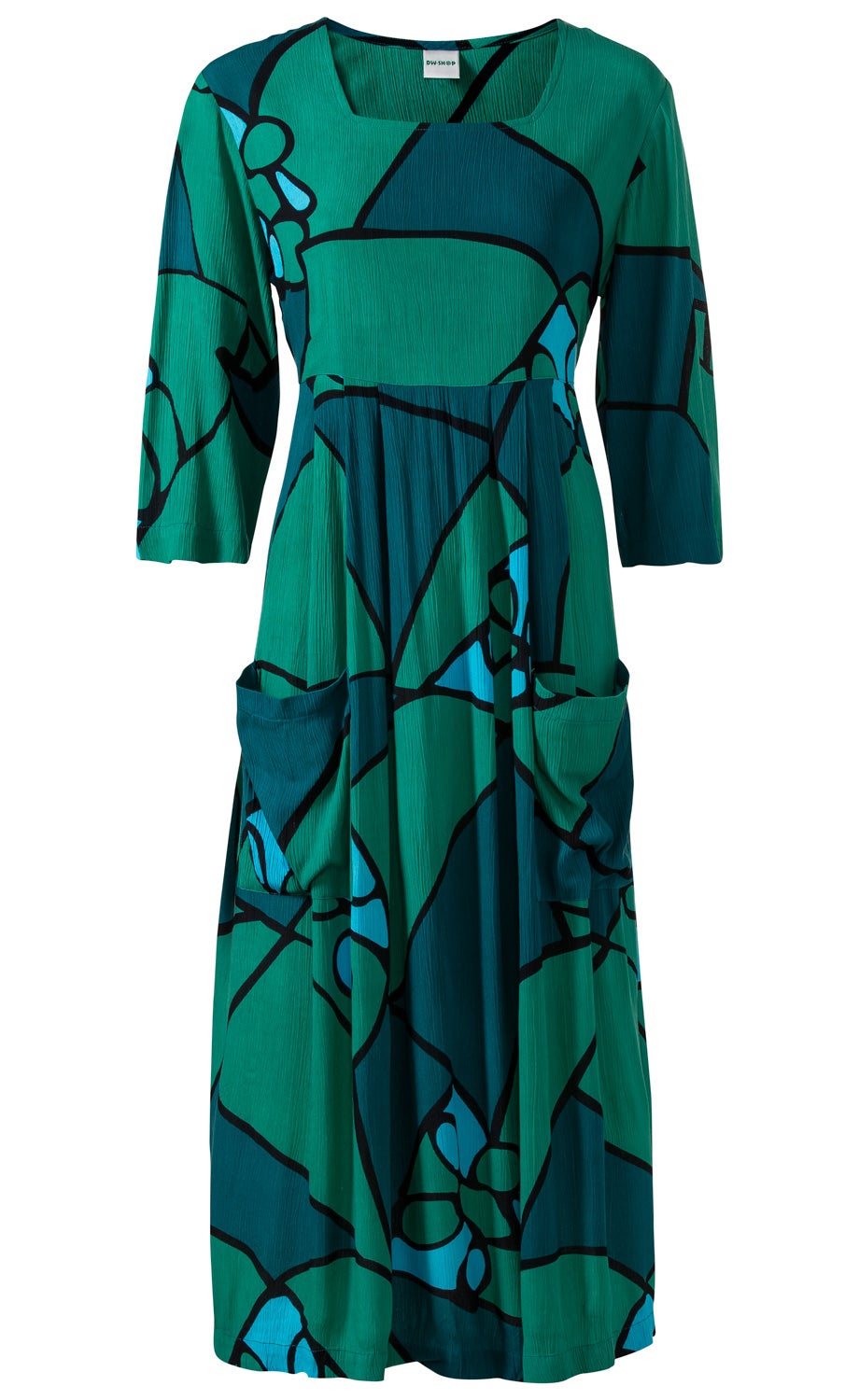 Viskose-Kleid in Grün- und Blautönen mit abstraktem Muster, U-Ausschnitt, 3/4-Ärmeln und zwei aufgesetzten Taschen vorne, locker geschnittenes, knielanges Design