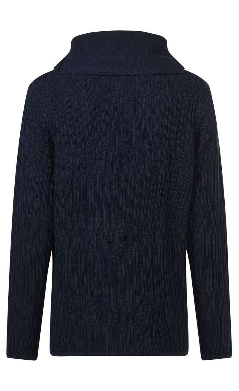 Baumwoll-Mix-Pullover in Dunkelblau, Rippstrick-Muster, lange Ärmel, hoher Kragen, Rückansicht