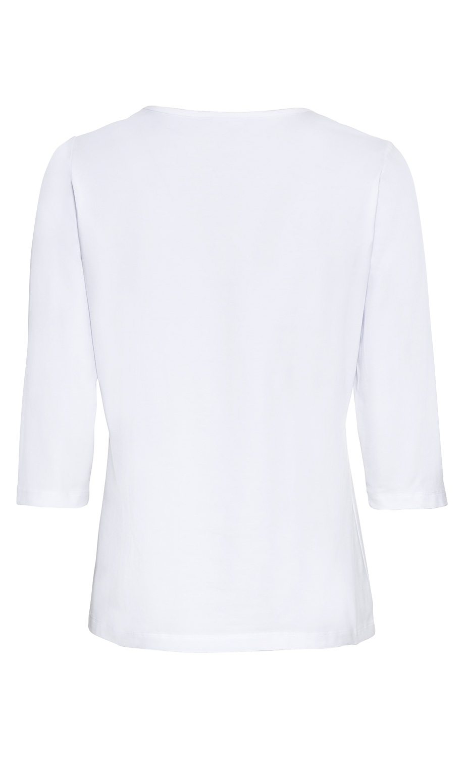 weißes Baumwoll-Mix-Shirt, Rückansicht, 3/4-lange Ärmel, Rundhalsausschnitt, schlichte Optik, leichte Struktur, gerade Passform