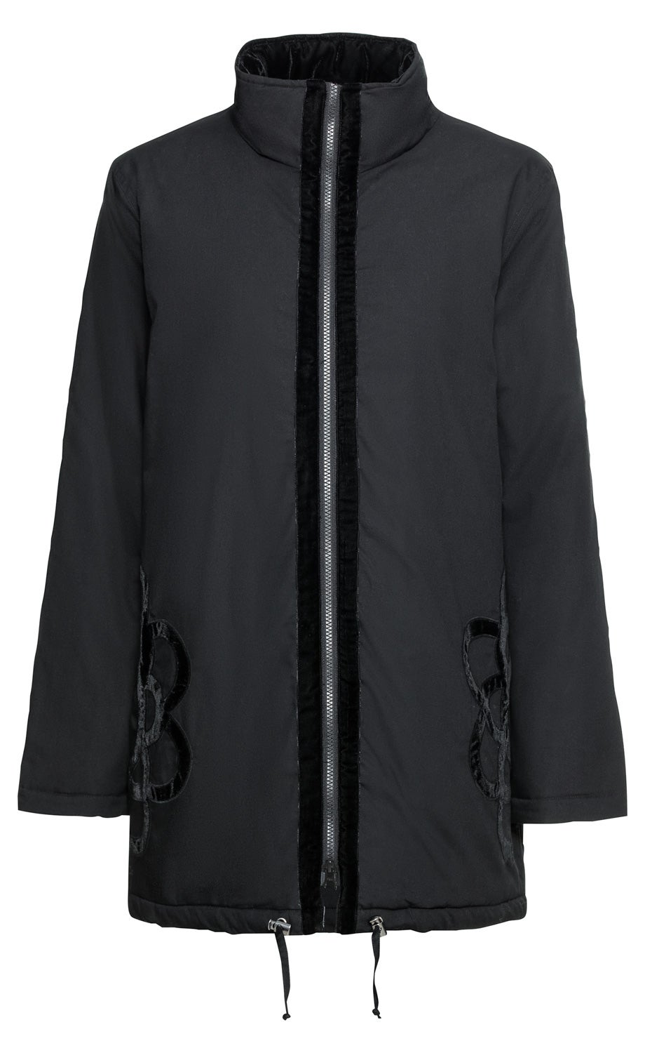 Schwarze Baumwoll-Jacke mit Stehkragen, durchgehendem Reißverschluss, Samtapplikationen an Reißverschluss und Taschen, lange Ärmel, verstellbare Kordel am Saum, mittellang, schlichtes Design