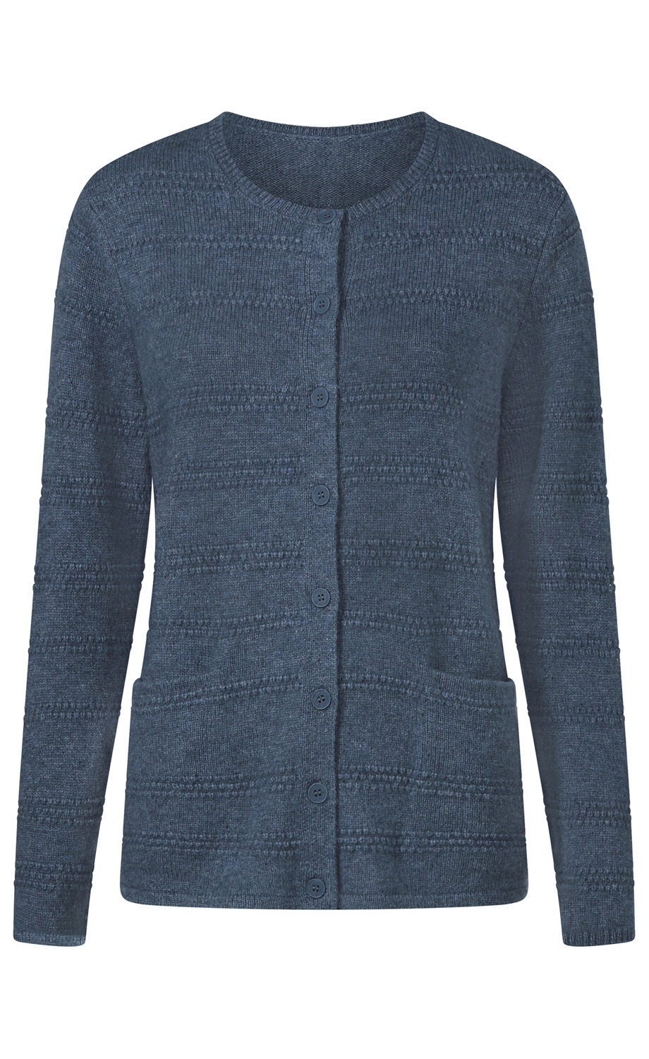 dunkelblaue Damenstrickjacke mit Rundhalsausschnitt, Knopfleiste vorne, langer Arm, feinem Strukturmuster und zwei aufgesetzten Taschen, gerade geschnittener Saum