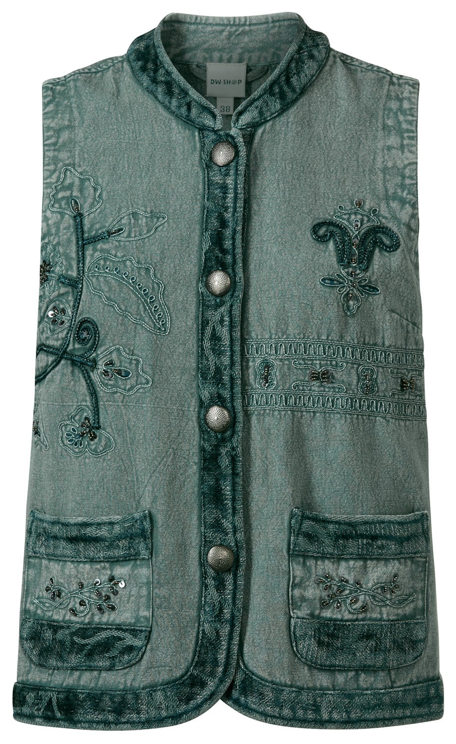 grüne Baumwoll-Weste mit Stehkragen, aufgesetzten Taschen, silbernen Knöpfen und floralen Stickereien mit Paillettenmotive, samtartige Details an Kragen, Knopfleiste und Taschen, Größe 38