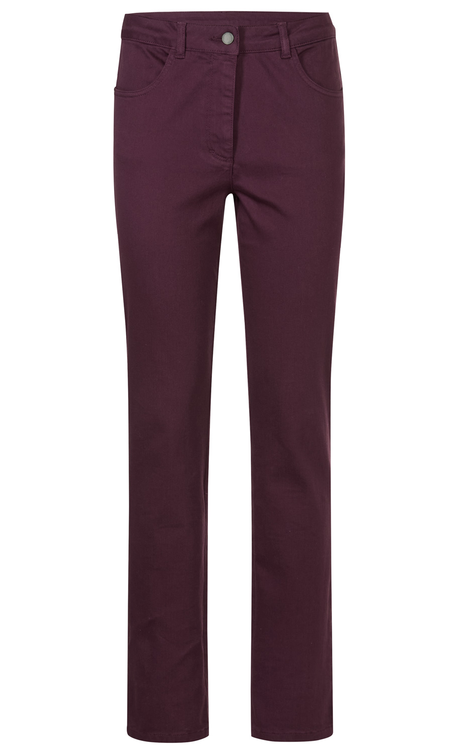 Dunkelrote Damenhose aus Baumwolle, gerade geschnitten, mit Gürtelschlaufen, zwei Vordertaschen, Knopfverschluss und Reißverschluss, schlichte elegante Optik, knöchellang